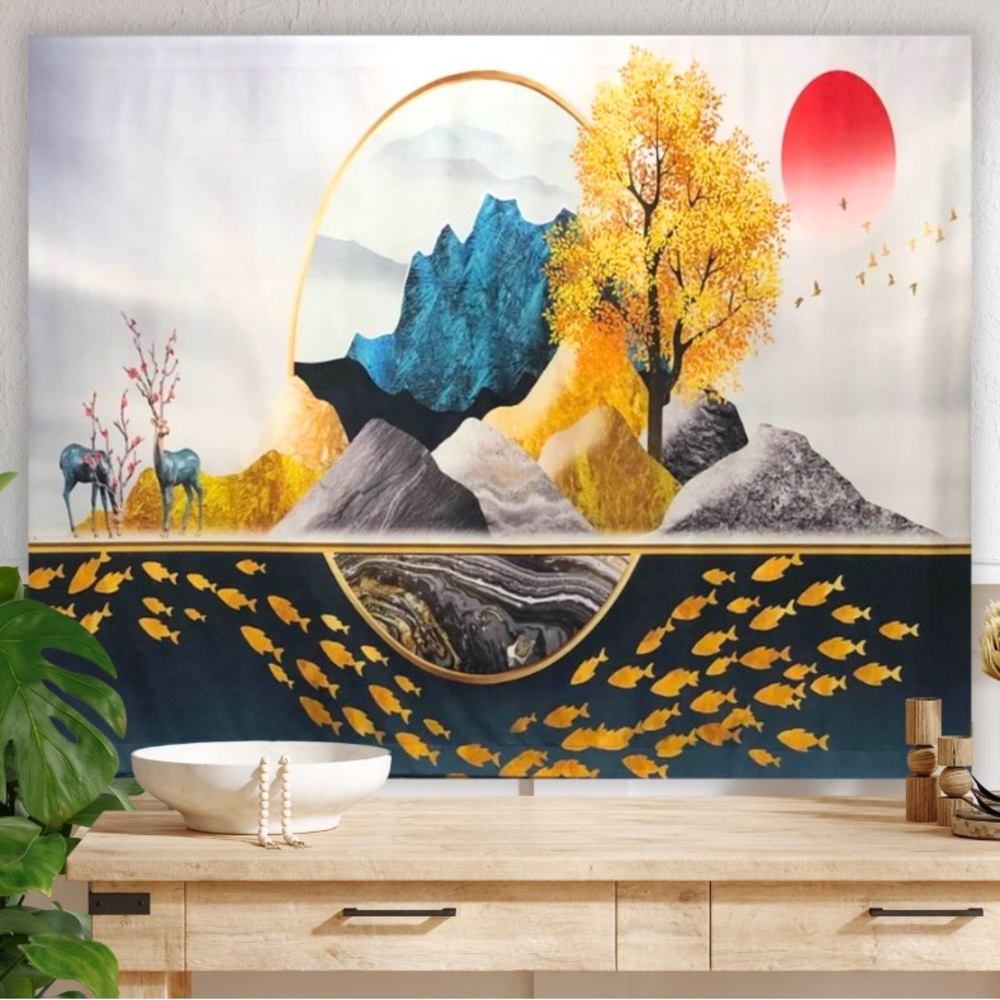 Abstract Landscape Wall Art with Gold and Blue Accents Sun Moon Fishes Beach Art